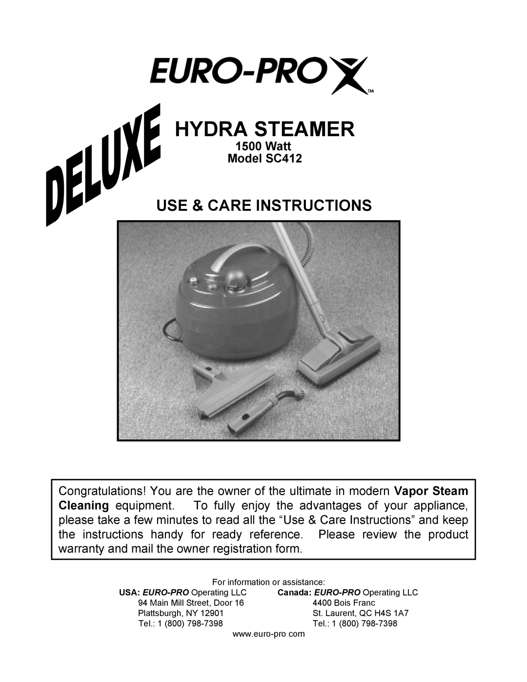 Euro-Pro warranty Hydra Steamer, Use & Care Instructions, Watt Model SC412 