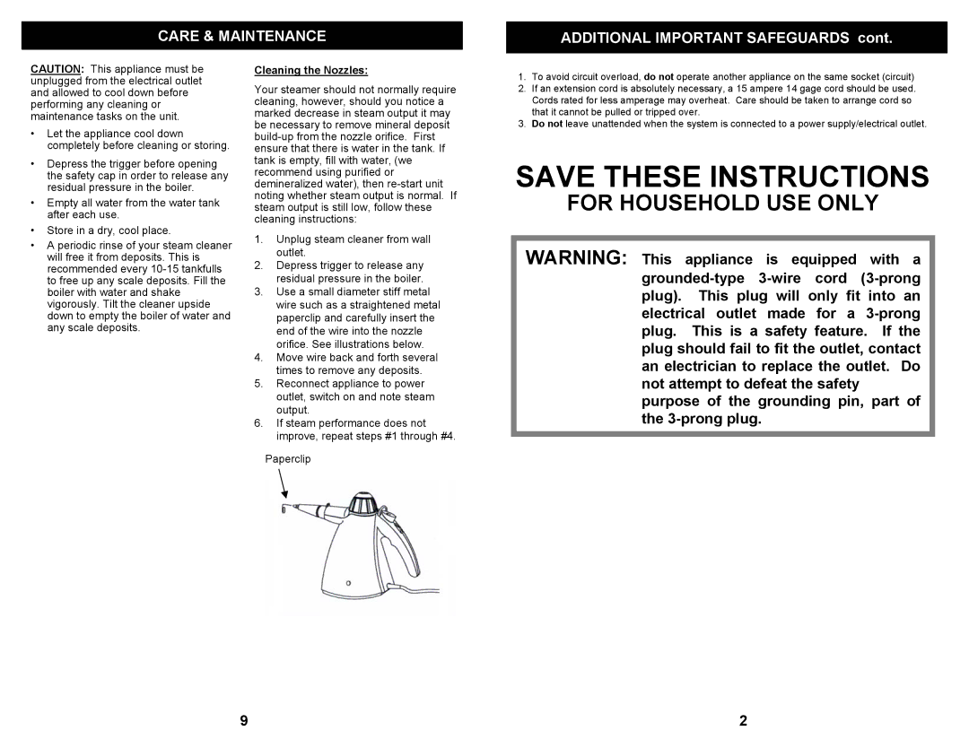 Euro-Pro SC500 owner manual Care & Maintenance, Cleaning the Nozzles 