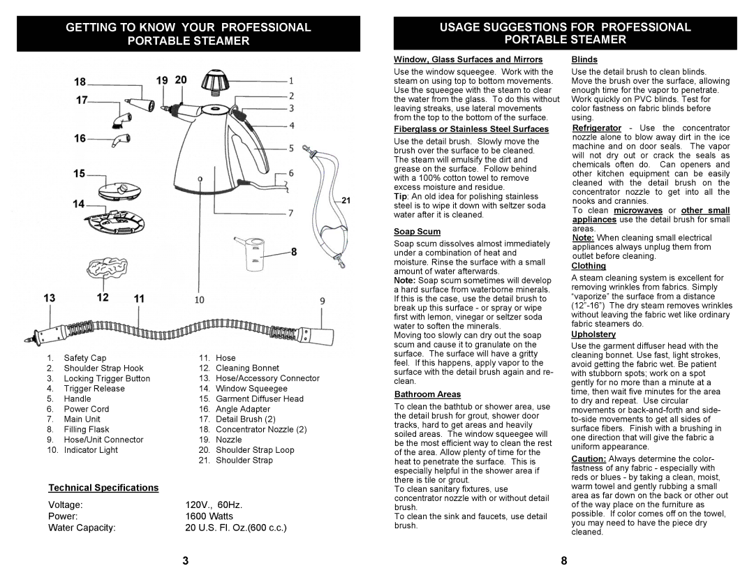 Euro-Pro SC500 owner manual Technical Specifications 