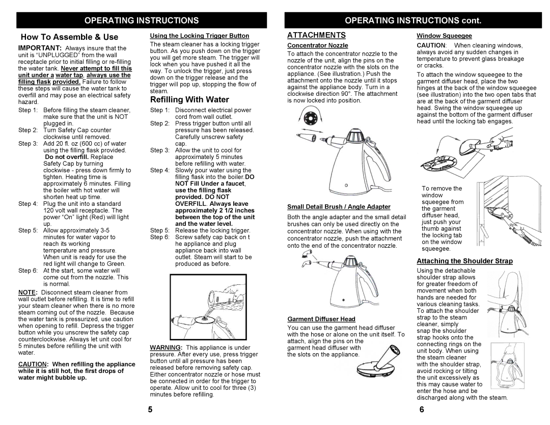 Euro-Pro SC500 Operating Instructions, How To Assemble & Use, Refilling With Water, Attaching the Shoulder Strap 