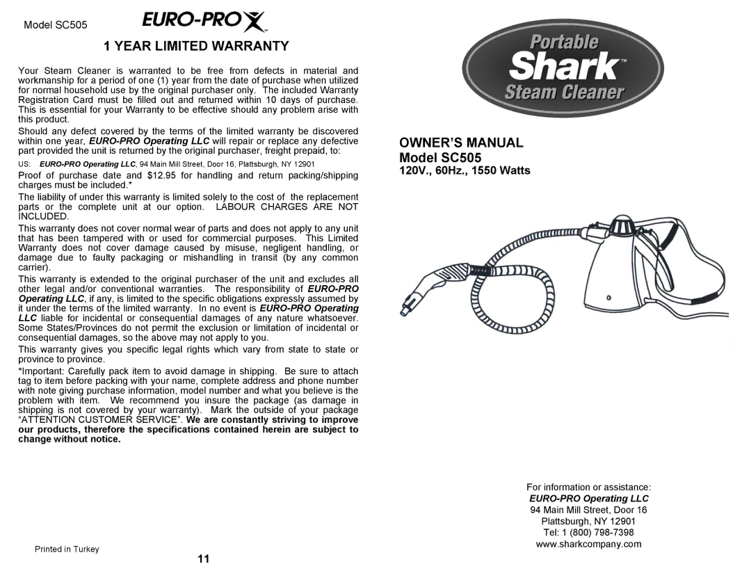 Euro-Pro SC505 owner manual Year Limited Warranty, 120V., 60Hz., 1550 Watts 