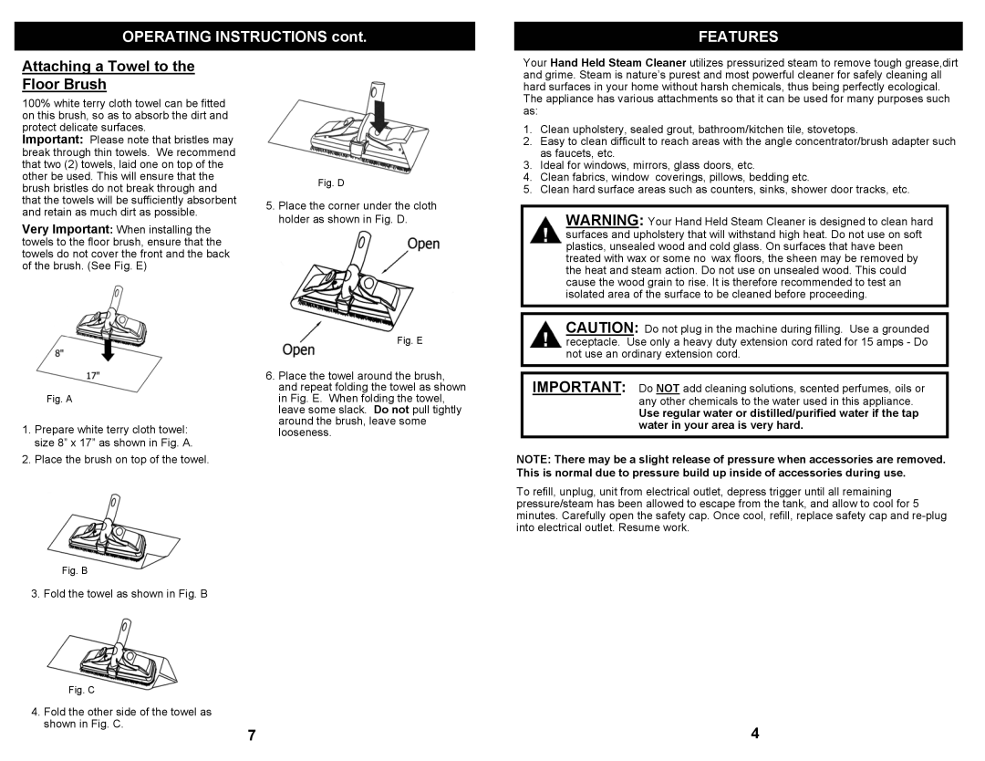 Euro-Pro SC505 owner manual Features, Attaching a Towel to the Floor Brush, Fold the towel as shown in Fig. B 