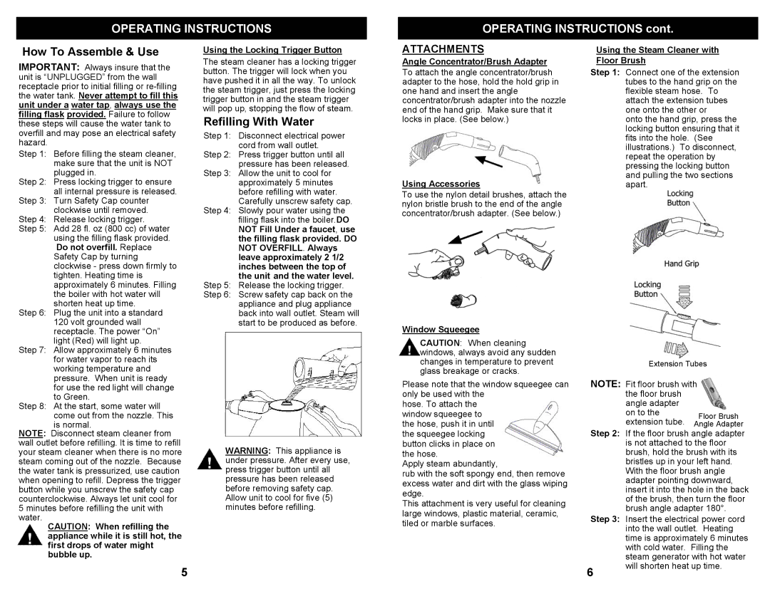 Euro-Pro SC505 owner manual Operating Instructions, How To Assemble & Use, Refilling With Water 