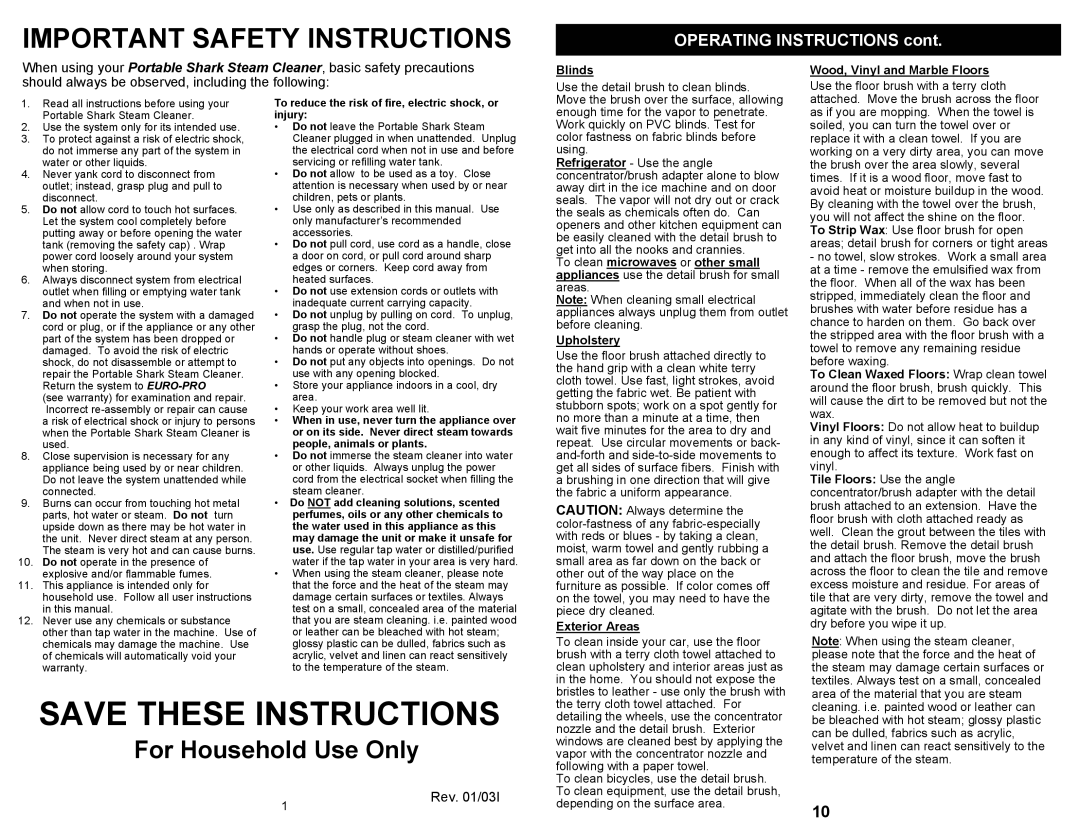 Euro-Pro SC505 Save These Instructions, For Household Use Only, OPERATING INSTRUCTIONS cont, Important Safety Instructions 