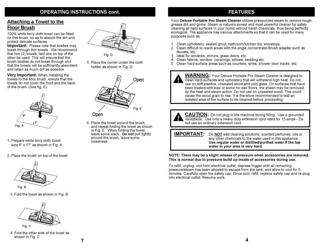 Euro-Pro SC505H owner manual Features, Attaching a Towel to the Floor Brush, Place the brush on top of the towel 