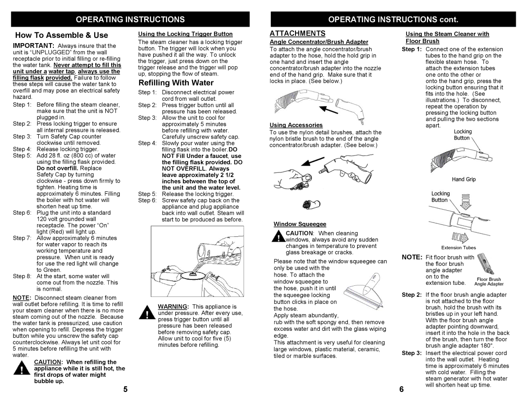 Euro-Pro SC505H owner manual Operating Instructions, How To Assemble & Use, Refilling With Water 