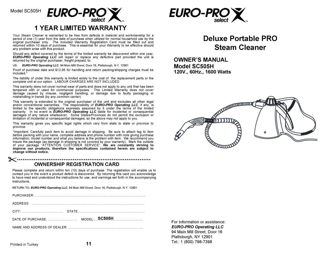 Euro-Pro SC505H owner manual Deluxe Portable PRO Steam Cleaner, Ownership Registration Card, 120V., 60Hz., 1600 Watts 