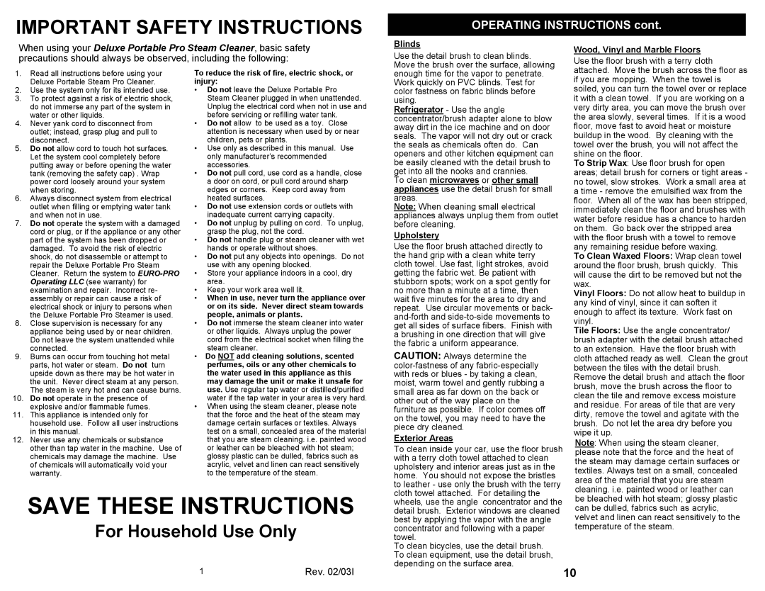 Euro-Pro SC505H owner manual Save These Instructions, For Household Use Only, OPERATING INSTRUCTIONS cont, Rev. 02/03I 