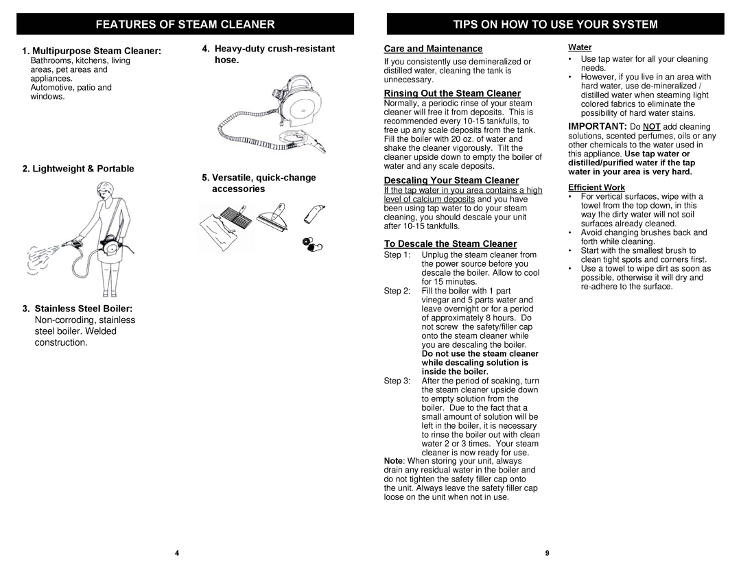 Euro-Pro SC507H owner manual Features of Steam Cleaner Tips on HOW to USE Your System 