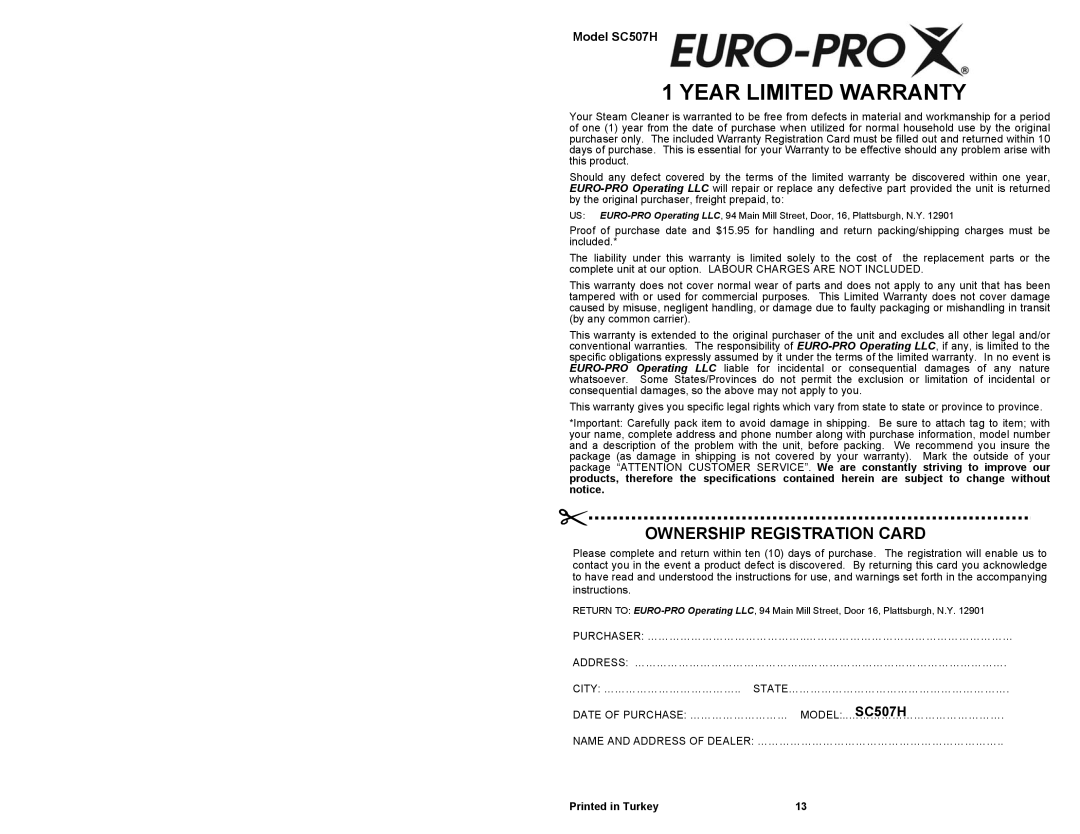 Euro-Pro owner manual Ownership Registration Card, Year Limited Warranty, Model SC507H 