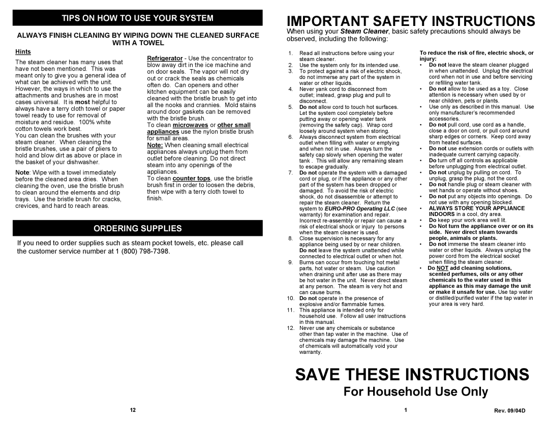 Euro-Pro SC507H Save These Instructions, Important Safety Instructions, For Household Use Only, Ordering Supplies 