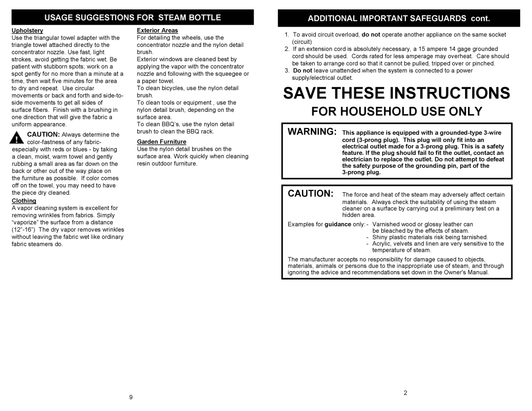 Euro-Pro SC618HD owner manual Usage Suggestions for Steam Bottle, Upholstery, Clothing, Exterior Areas, Garden Furniture 