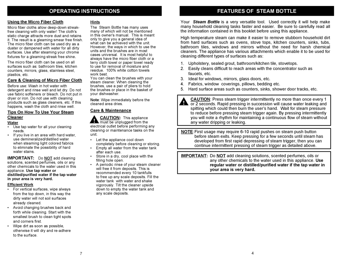 Euro-Pro SC618HD Operating Instructions Features of Steam Bottle, Using the Micro Fiber Cloth, Care & Maintenance 