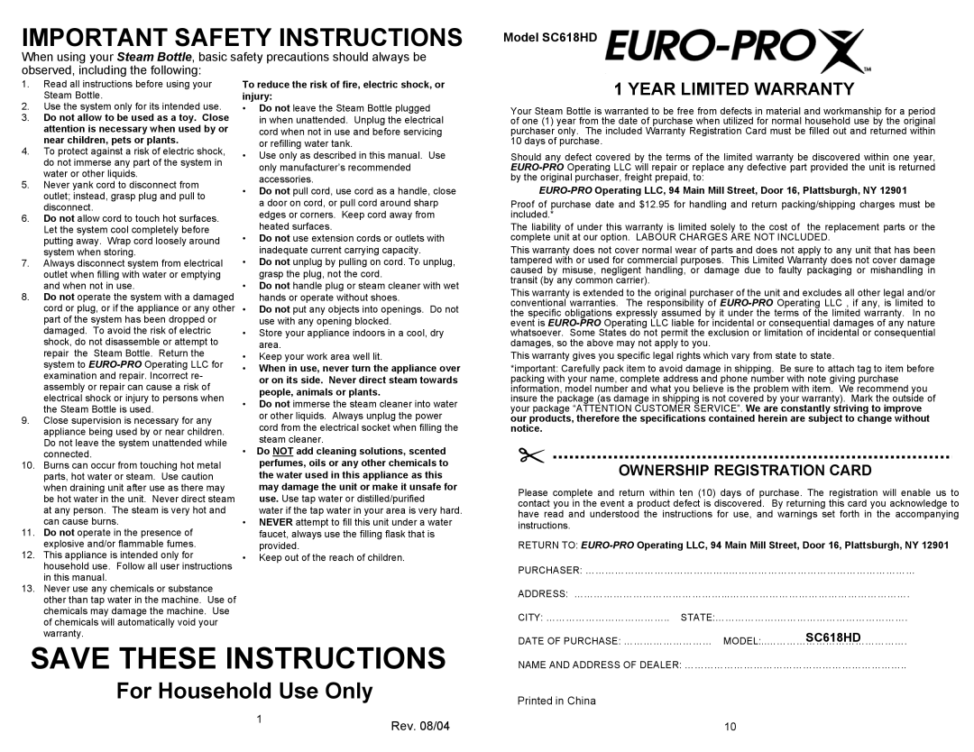 Euro-Pro owner manual Save These Instructions, For Household Use Only, Year Limited Warranty, Model SC618HD 