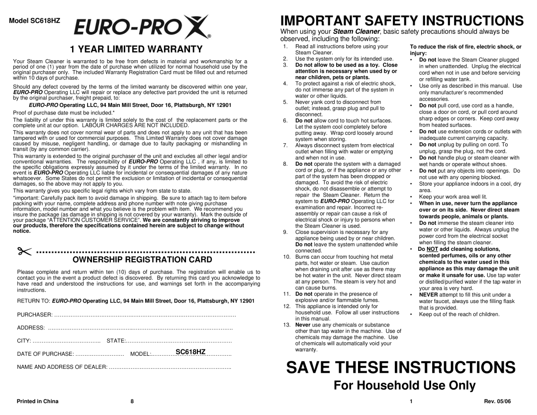 Euro-Pro owner manual Important Safety Instructions, Model SC618HZ 