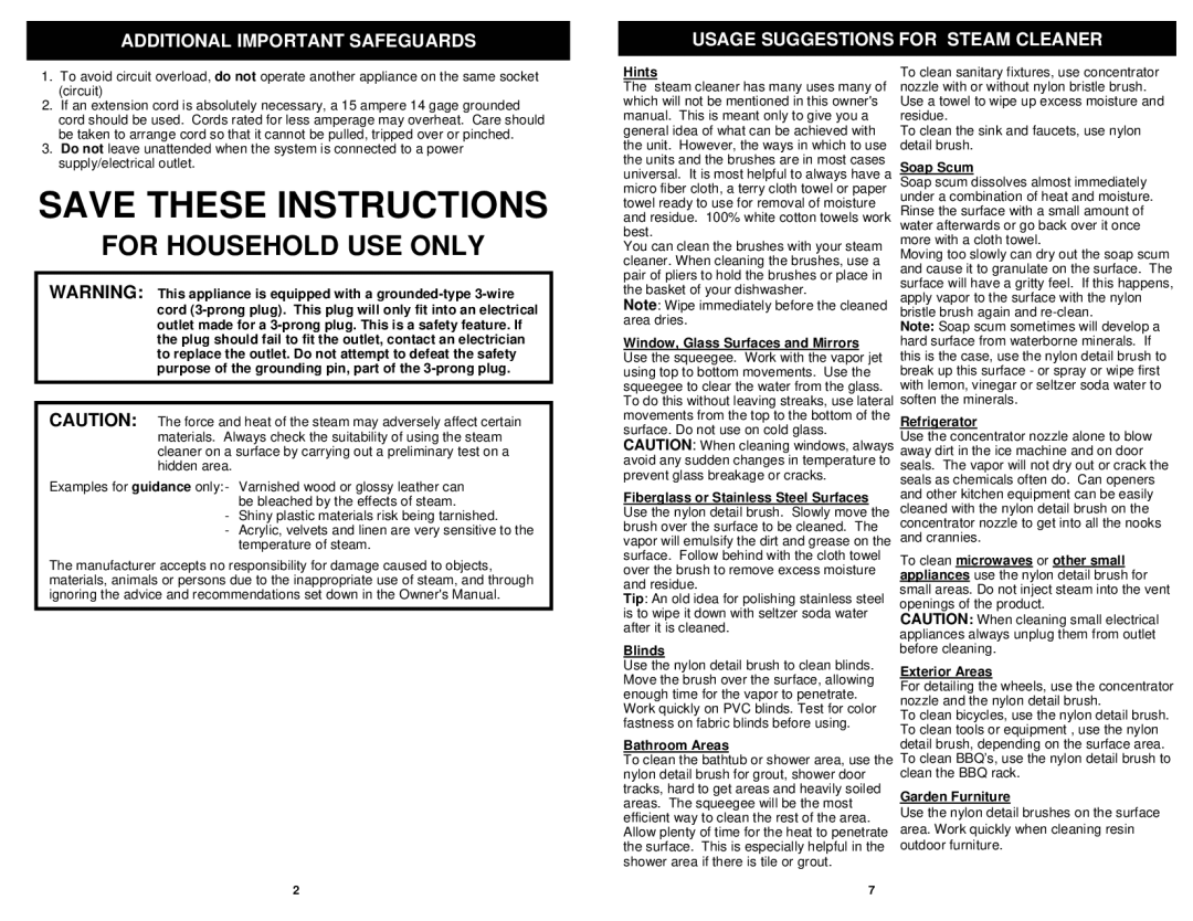 Euro-Pro SC618HZ owner manual Hints, Blinds, Bathroom Areas, Soap Scum, Refrigerator, Garden Furniture 