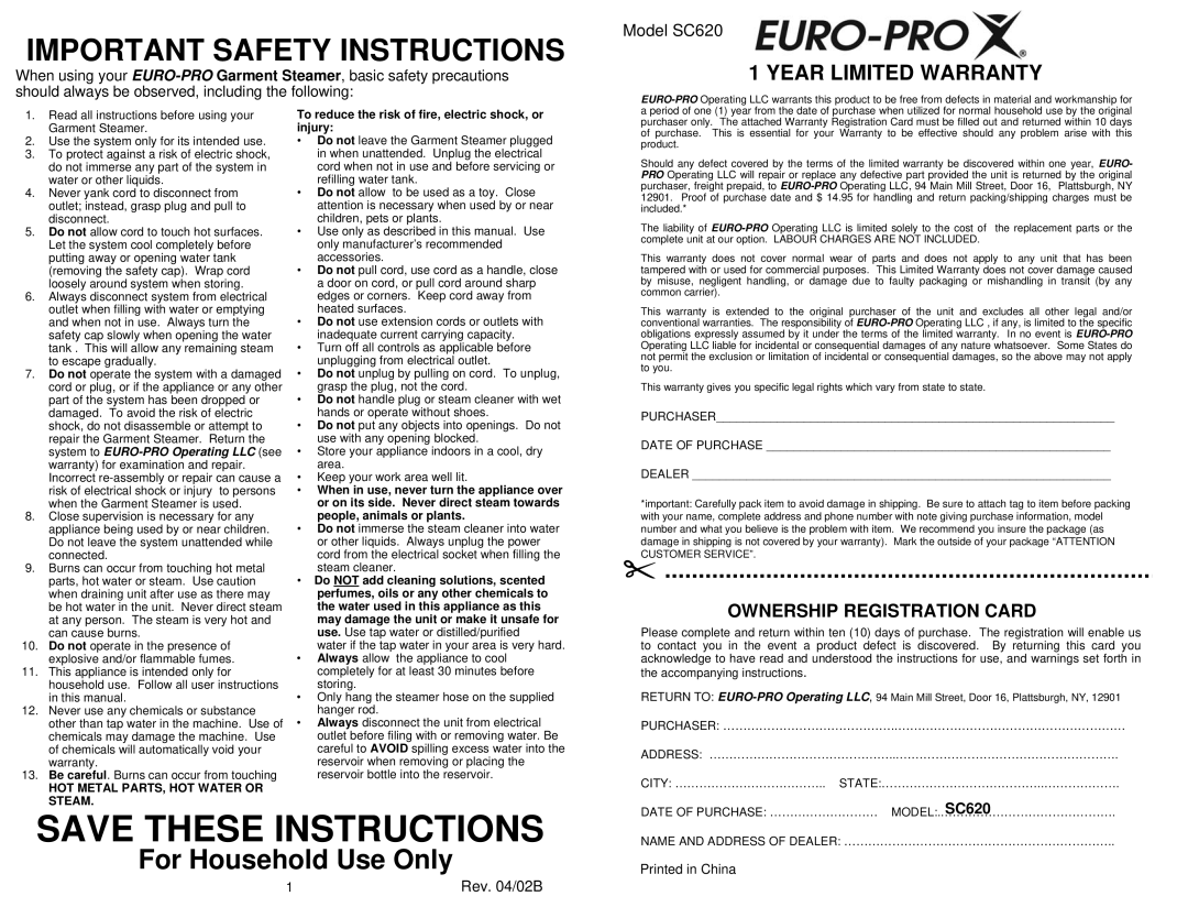 Euro-Pro SC620 owner manual Important Safety Instructions 