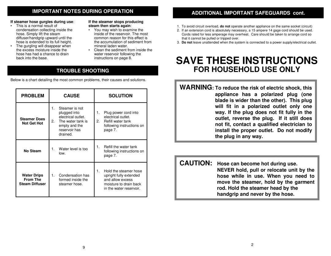 Euro-Pro SC620 owner manual Important Notes During Operation, Additional Important Safeguards, Trouble Shooting 