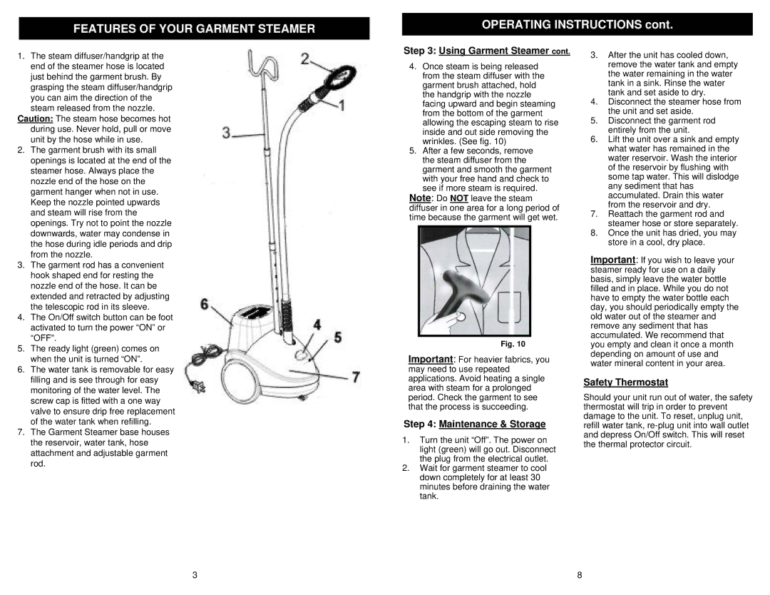 Euro-Pro SC620 Features of Your Garment Steamer, Operating Instructions, Using Garment Steamer, Maintenance & Storage 