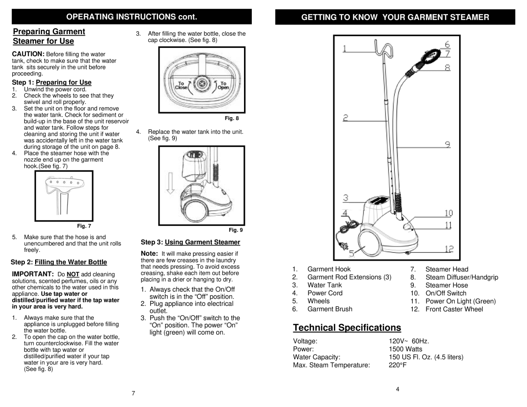 Euro-Pro SC620 owner manual Getting to Know Your Garment Steamer, Preparing Garment Steamer for Use, Preparing for Use 