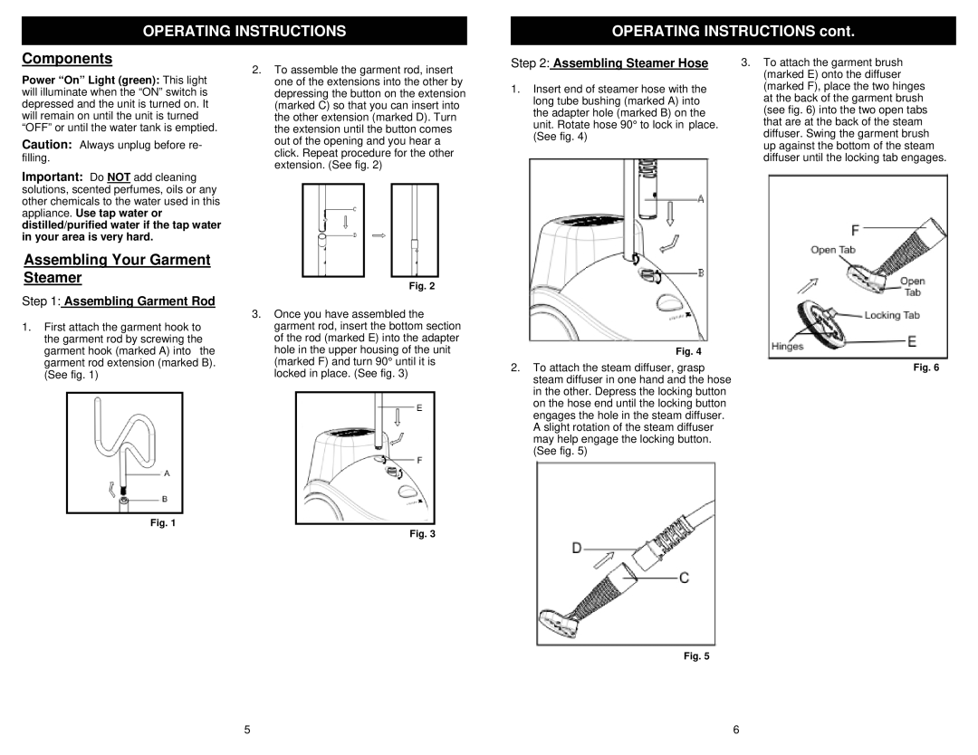 Euro-Pro SC620 owner manual Operating Instructions, Components, Assembling Your Garment Steamer, Assembling Steamer Hose 