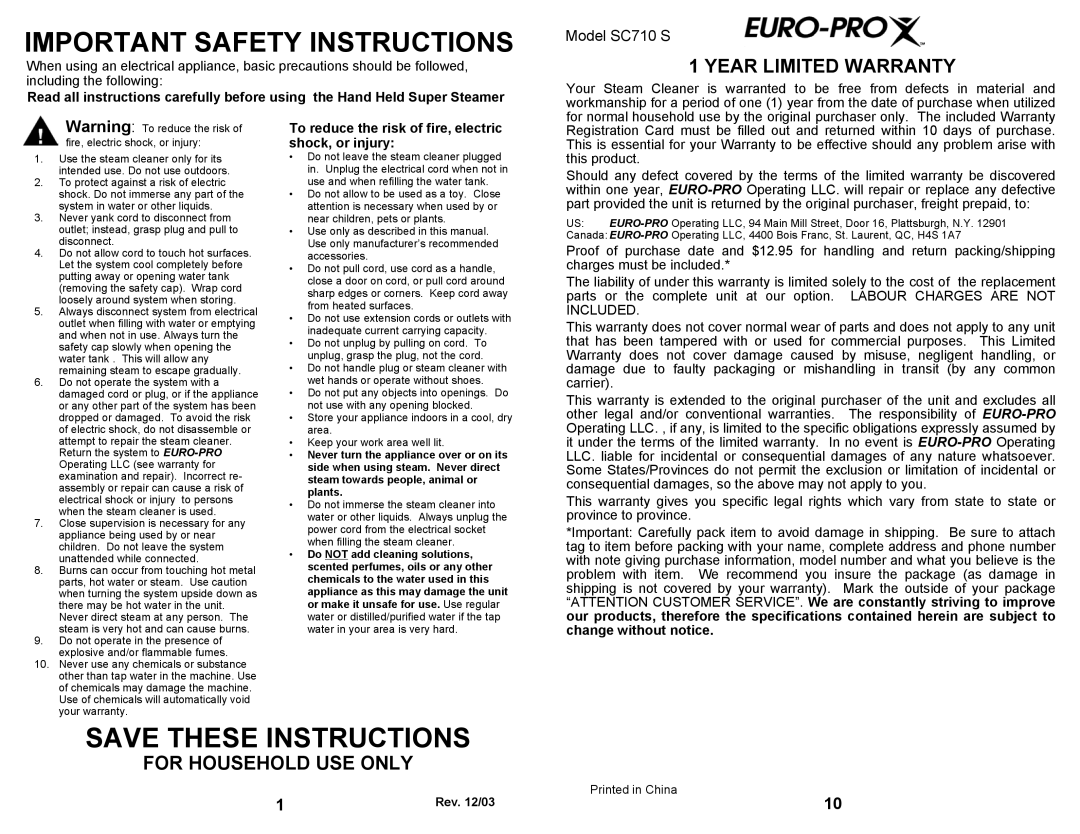 Euro-Pro SC710 S owner manual To reduce the risk of fire, electric shock, or injury, Rev /03 