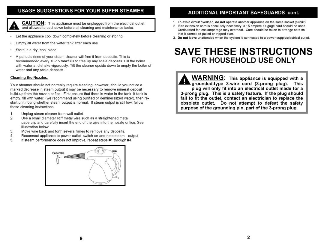 Euro-Pro SC710 S owner manual Usage Suggestions for Your Super Steamer, Cleaning the Nozzles 