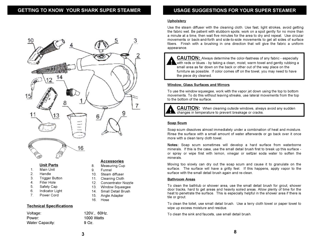 Euro-Pro SC710 S owner manual Getting to Know Your Shark Super Steamer, Unit Parts Accessories, Technical Specifications 