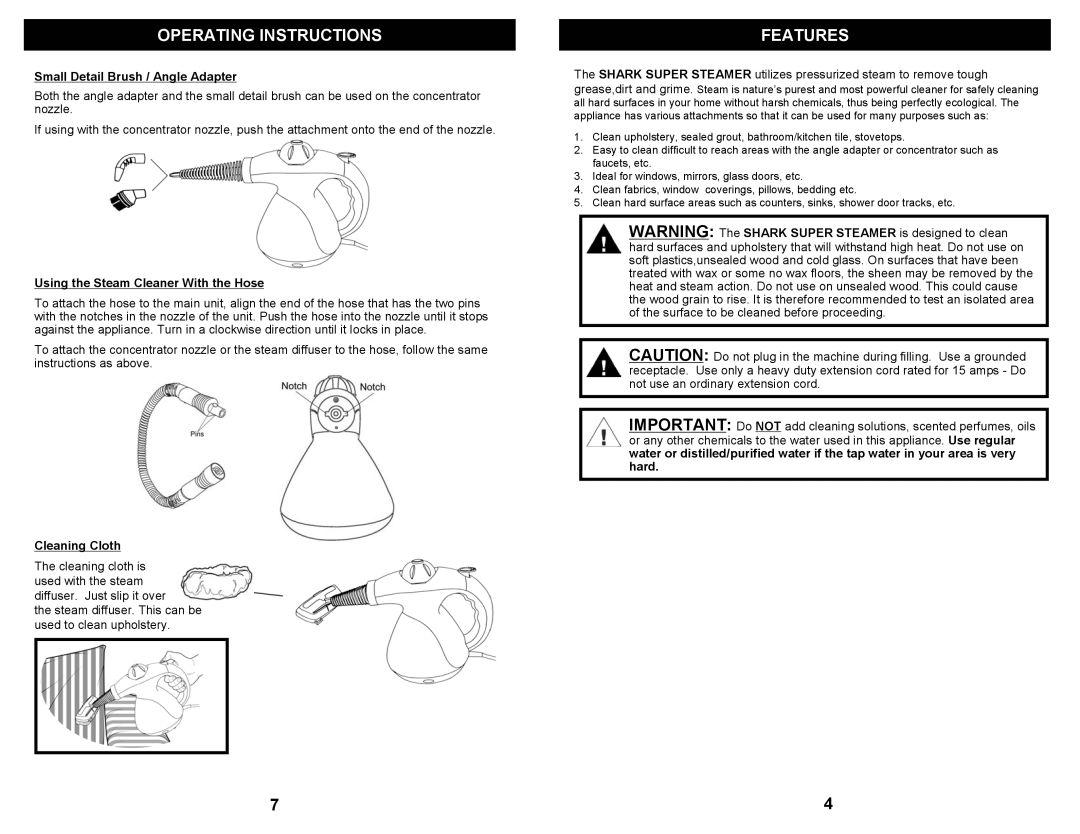 Euro-Pro SC710 S owner manual Operating Instructions, Features, Small Detail Brush / Angle Adapter, Cleaning Cloth 