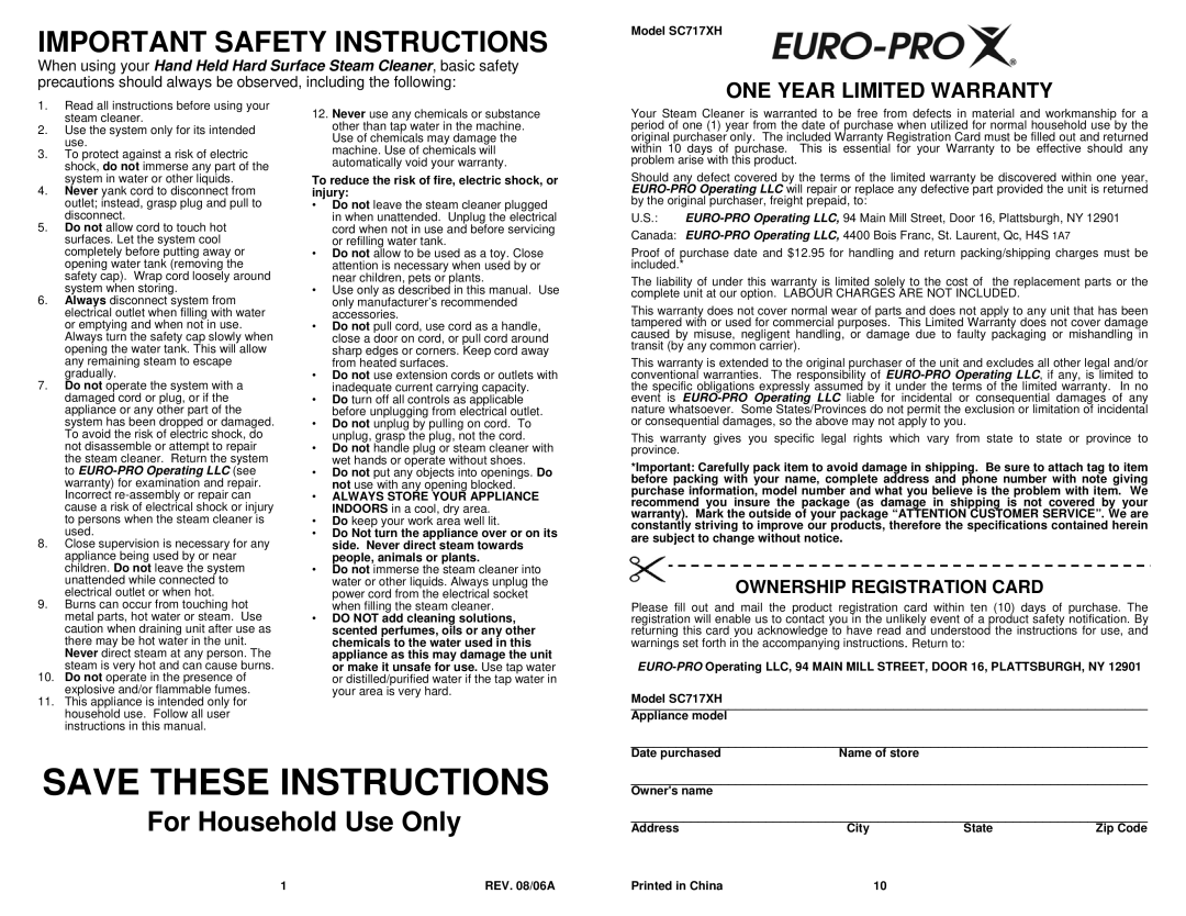 Euro-Pro SC717XH owner manual Important Safety Instructions, For Household Use Only 