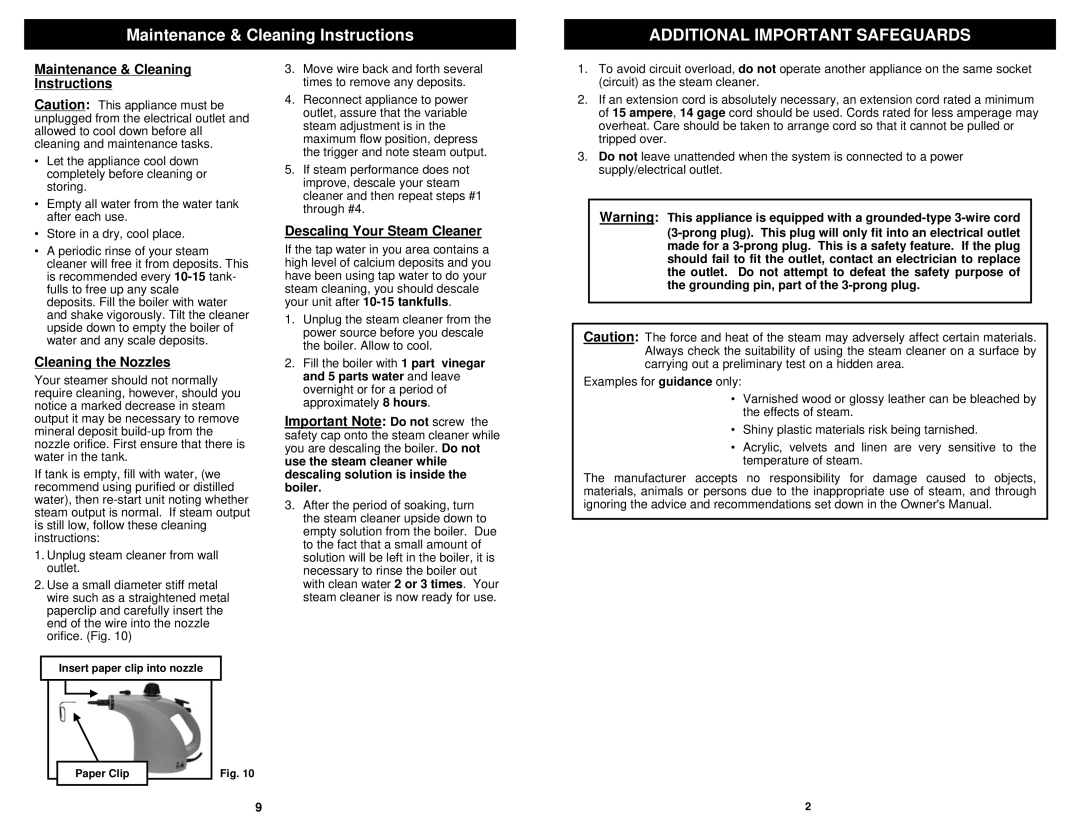 Euro-Pro SC717XH owner manual Maintenance & Cleaning Instructions, Cleaning the Nozzles, Descaling Your Steam Cleaner 