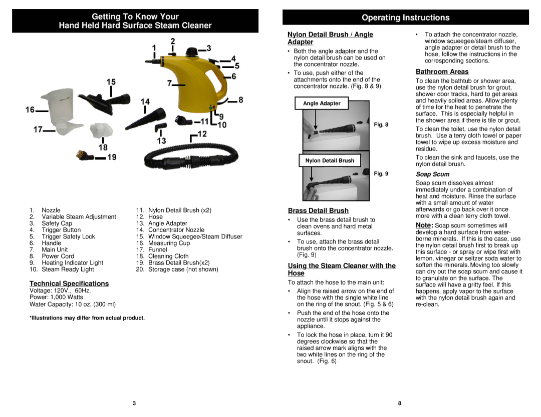 Euro-Pro SC717XH Technical Specifications, Nylon Detail Brush / Angle Adapter, Brass Detail Brush, Bathroom Areas 