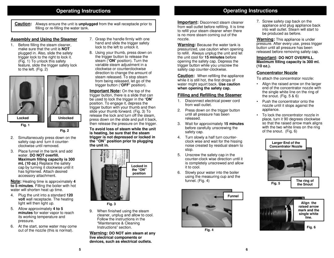 Euro-Pro SC717XH owner manual Assembly and Using the Steamer, Filling and Refilling the Steamer, Concentrator Nozzle 