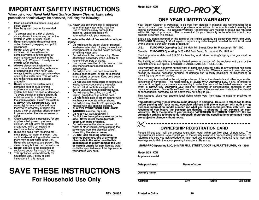 Euro-Pro SC717XH For Household Use Only, Ownership Registration Card, Save These Instructions, One Year Limited Warranty 