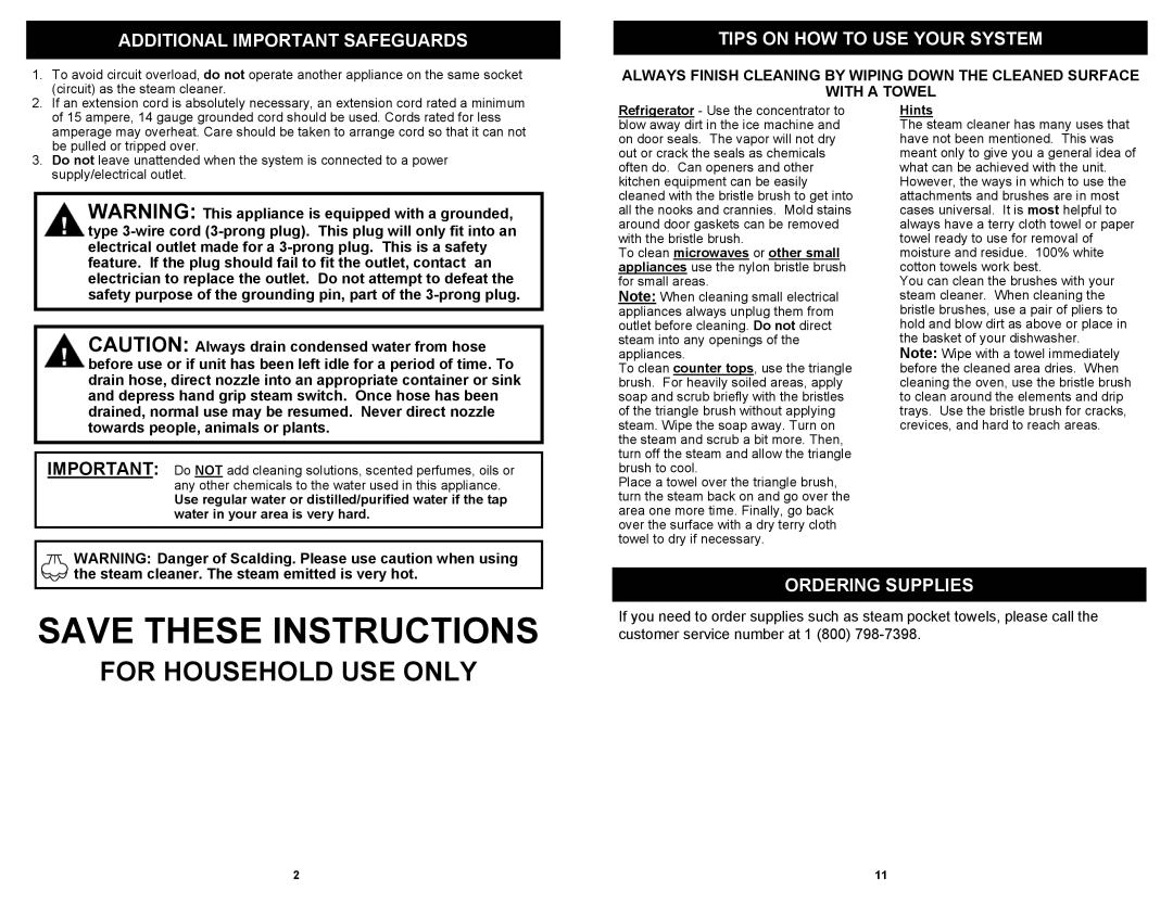 Euro-Pro SC926H owner manual Additional Important Safeguards, Tips on HOW to USE Your System, Ordering Supplies, Hints 