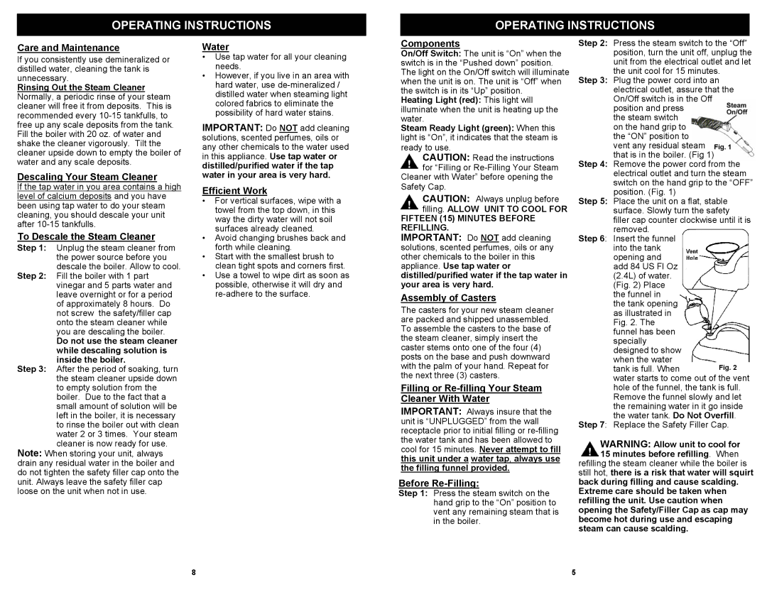 Euro-Pro SC926H owner manual Operating Instructions 