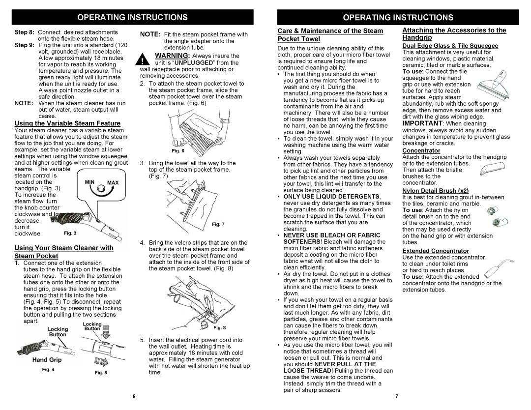 Euro-Pro SC926H owner manual Using the Variable Steam Feature, Using Your Steam Cleaner with Steam Pocket 