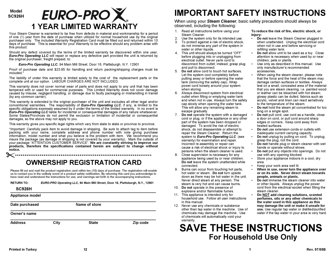Euro-Pro SC926H Save These Instructions, Important Safety Instructions, Year Limited Warranty, For Household Use Only 
