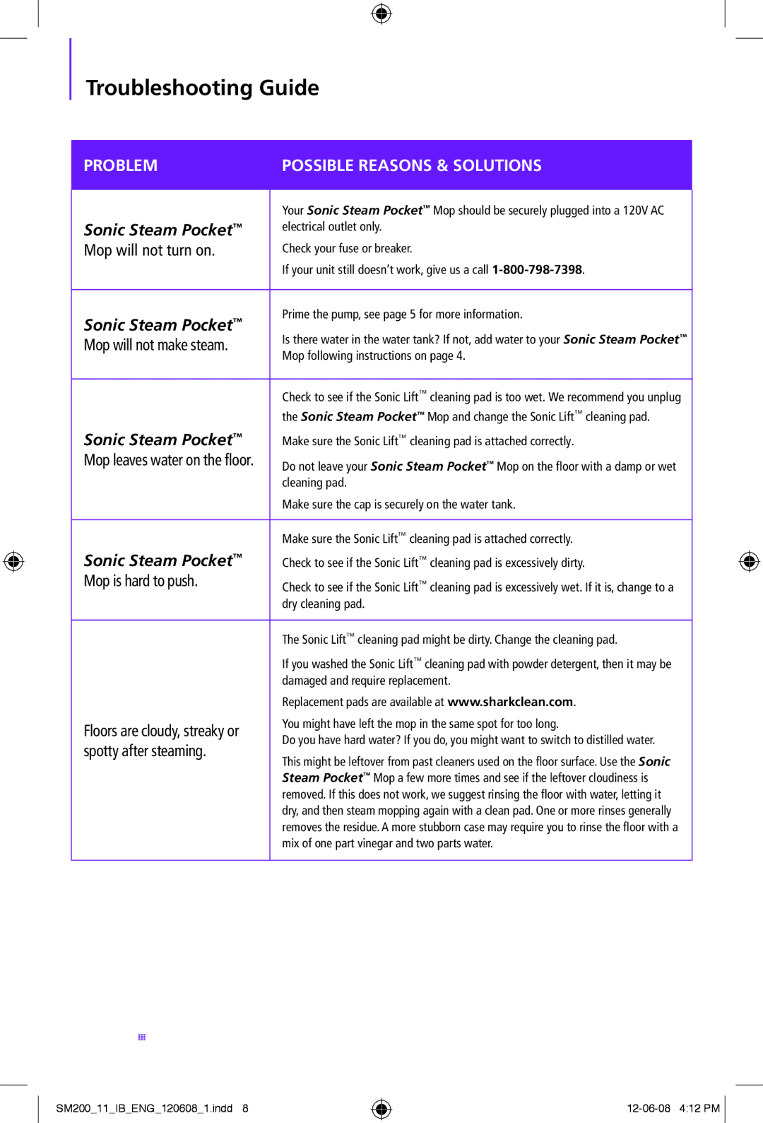 Euro-Pro SM200 manual Troubleshooting Guide, Sonic Steam Pocket 