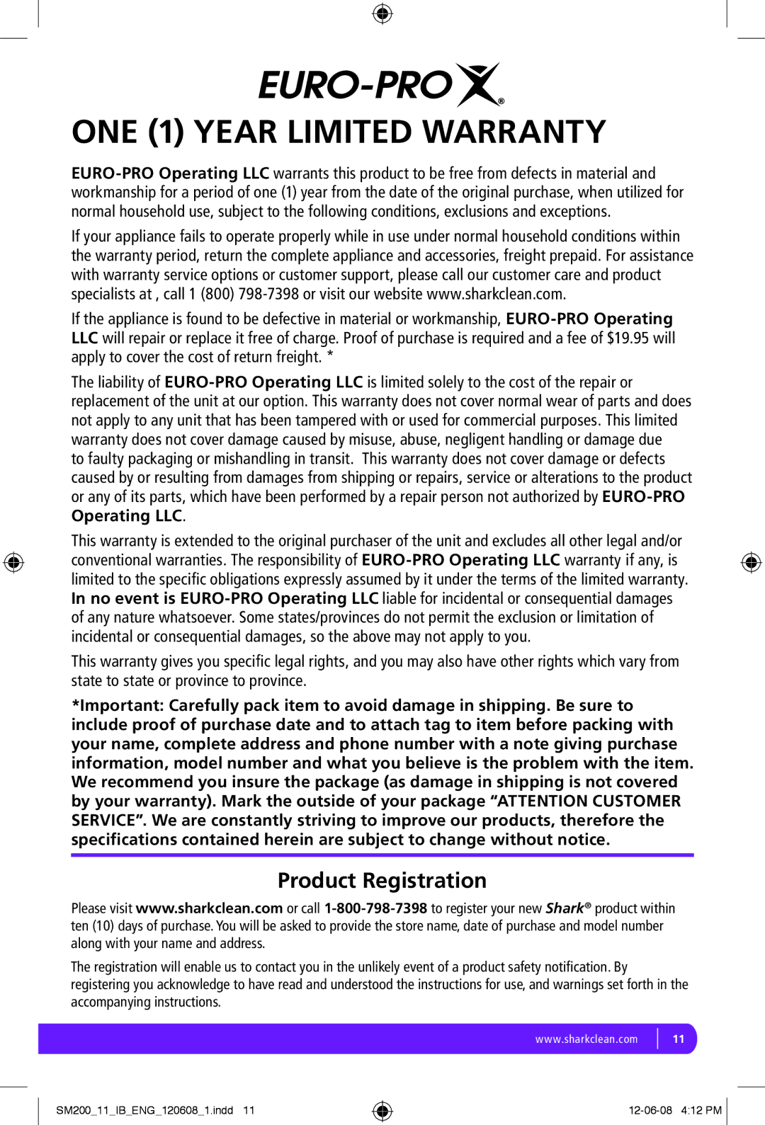 Euro-Pro SM200 manual ONE 1 Year Limited Warranty, Product Registration 