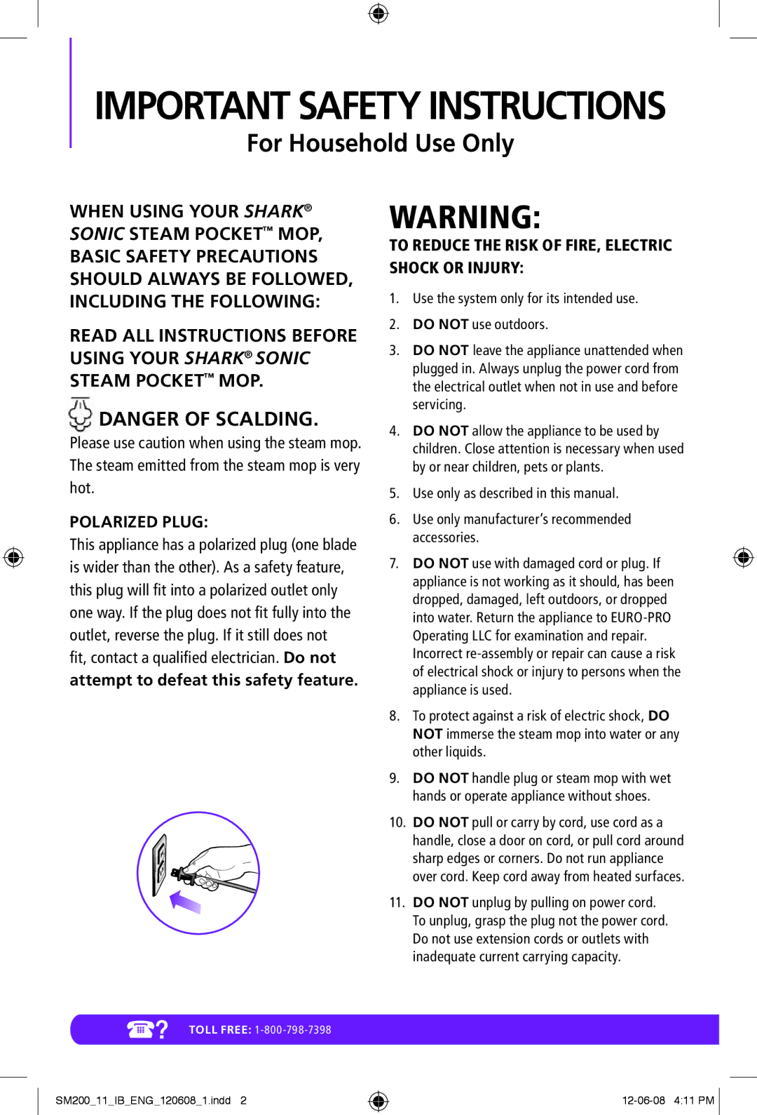 Euro-Pro SM200 manual Important Safety Instructions 