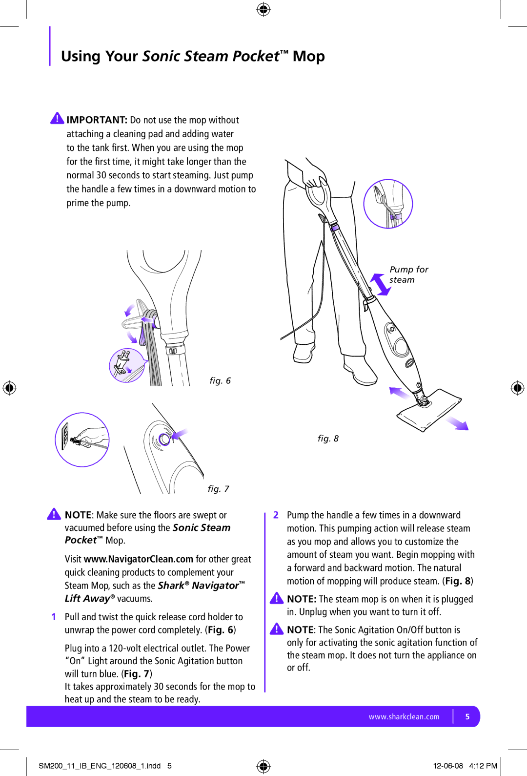 Euro-Pro SM200 manual Using Your Sonic Steam Pocket Mop 