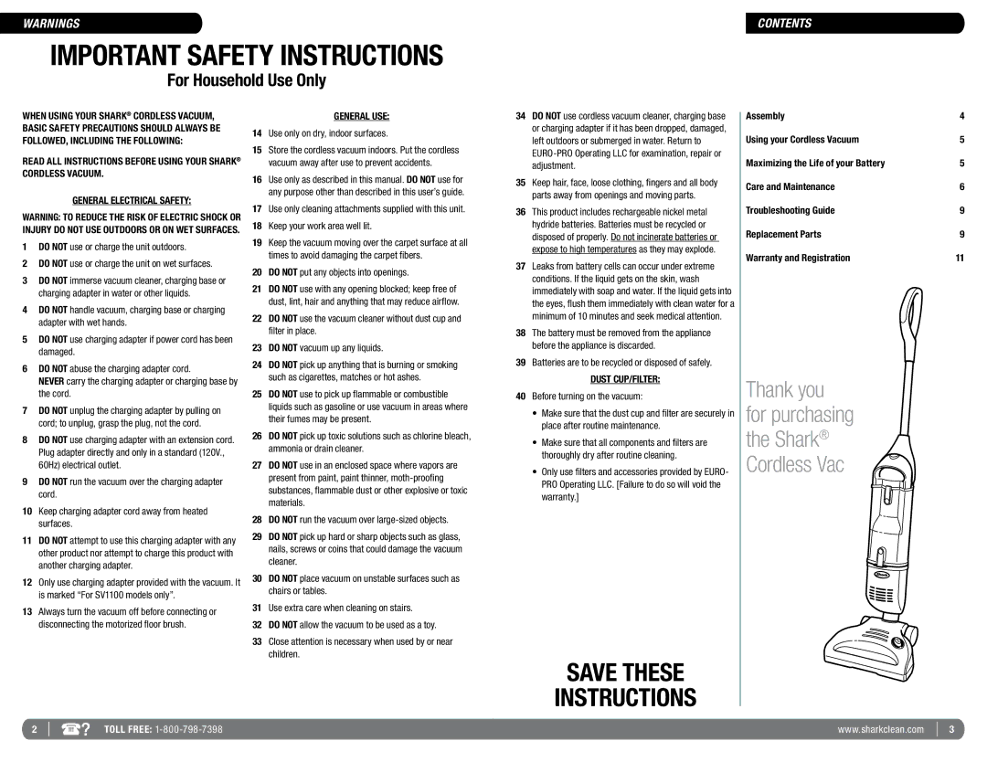 Euro-Pro SV1100 manual Important Safety Instructions, Contents 