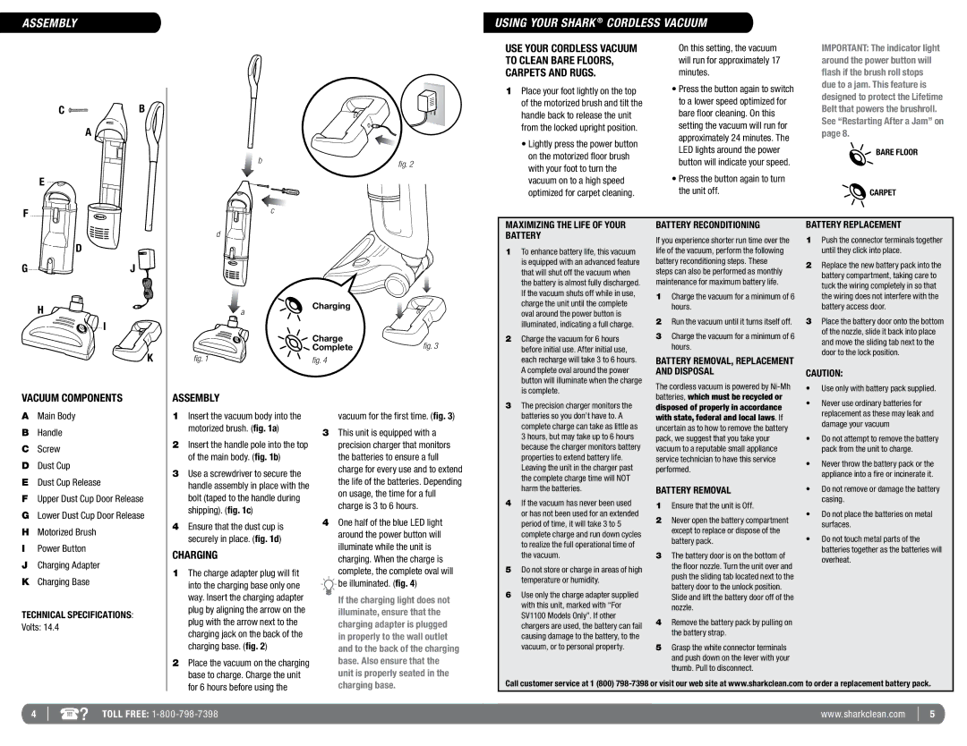 Euro-Pro SV1100 manual Assembly Using Your Shark Cordless Vacuum, Vacuum Components, Charging 