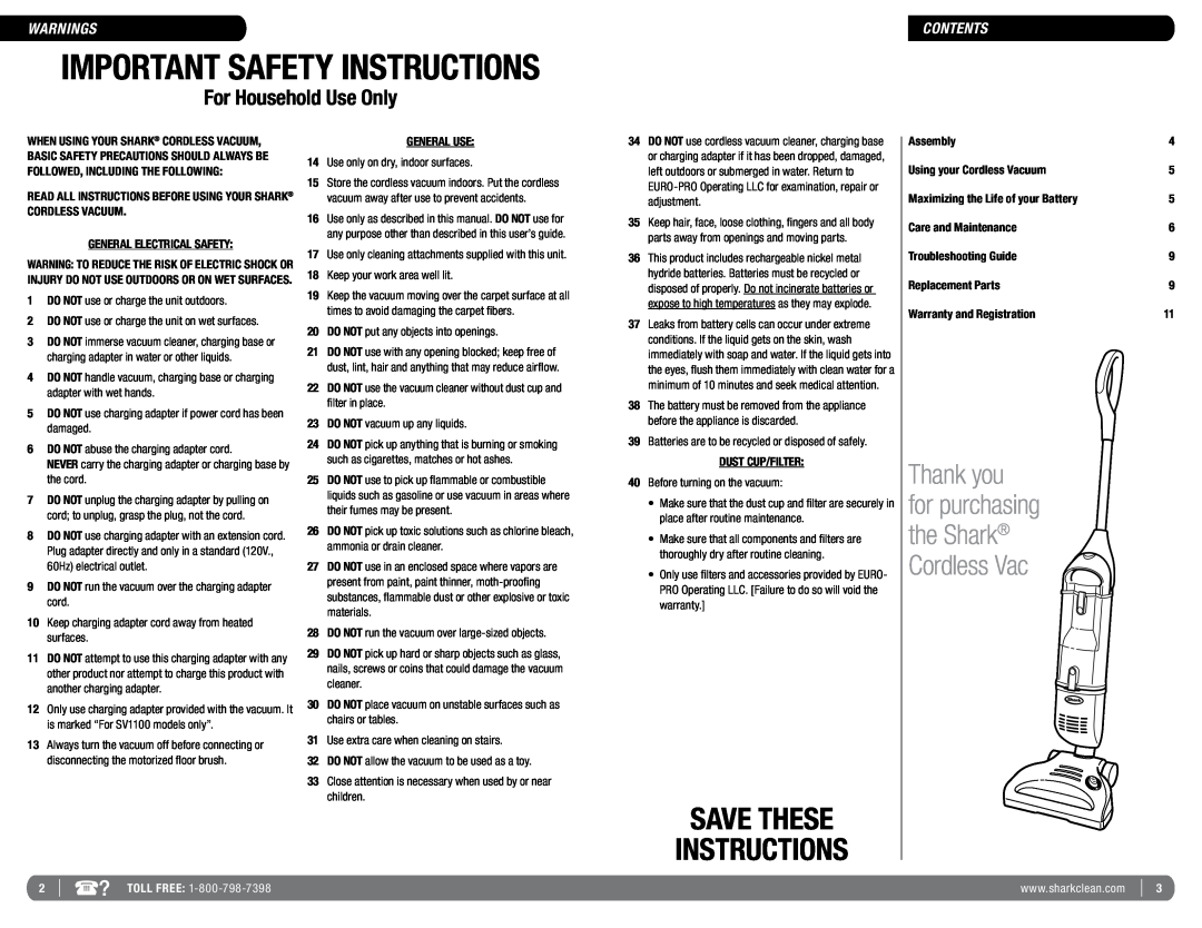 Euro-Pro SV1100 manual Warnings, Contents, Important Safety Instructions, Save These Instructions, Thank you 