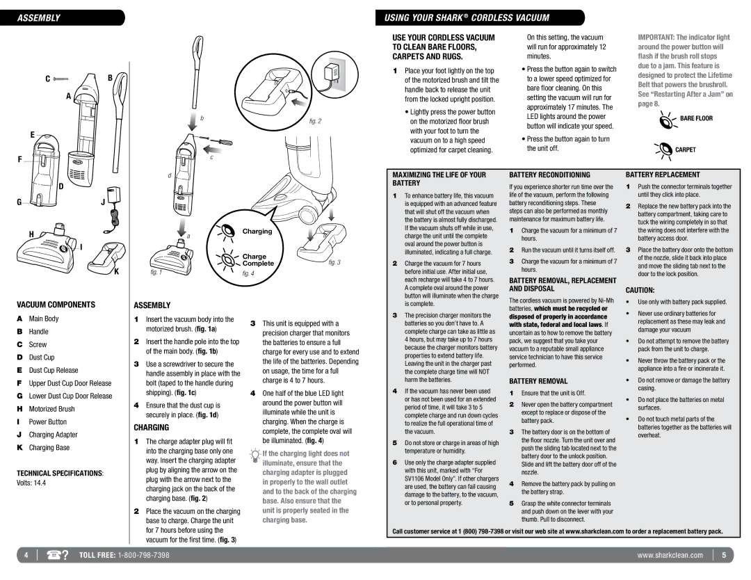 Euro-Pro SV1106 manual Assembly Using Your Shark Cordless Vacuum, Vacuum Components, Charging 