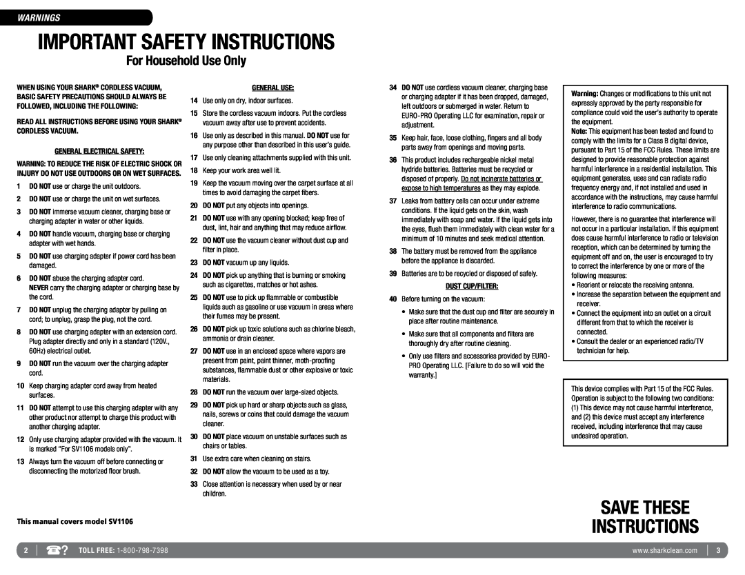 Euro-Pro Warnings, This manual covers model SV1106, Important Safety Instructions, Save These, For Household Use Only 
