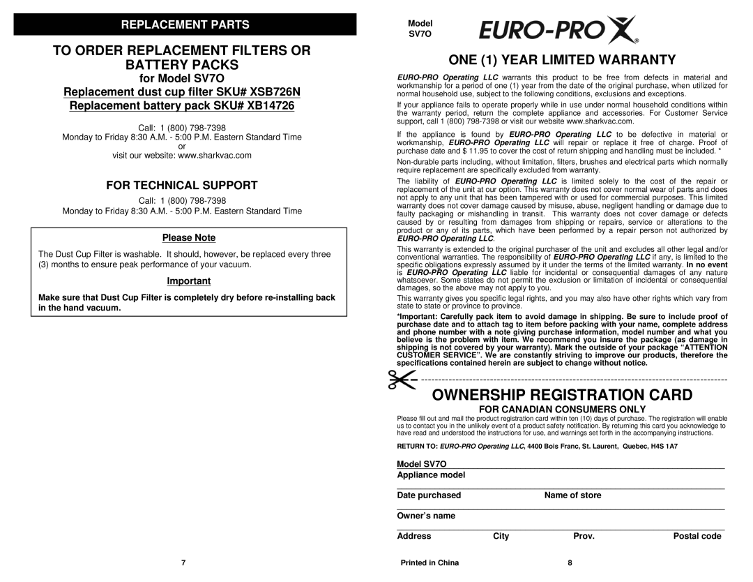 Euro-Pro SV70 manual Replacement Parts, Please Note, For Canadian Consumers only 