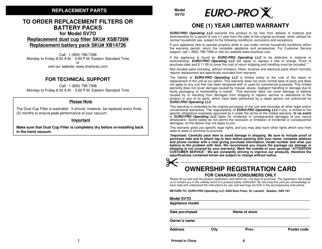 Euro-Pro SV70 Ownership Registration Card, Replacement Parts, for Model SV7O, For Technical Support, Please Note, Address 
