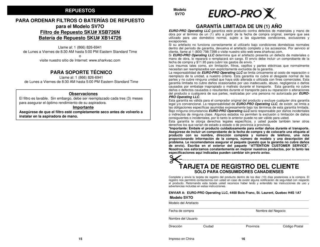 Euro-Pro SV70 Tarjeta De Registro Del Cliente, Repuestos, PARA ORDENAR FILTROS O BATERÍAS DE REPUESTO para el Modelo SV7O 